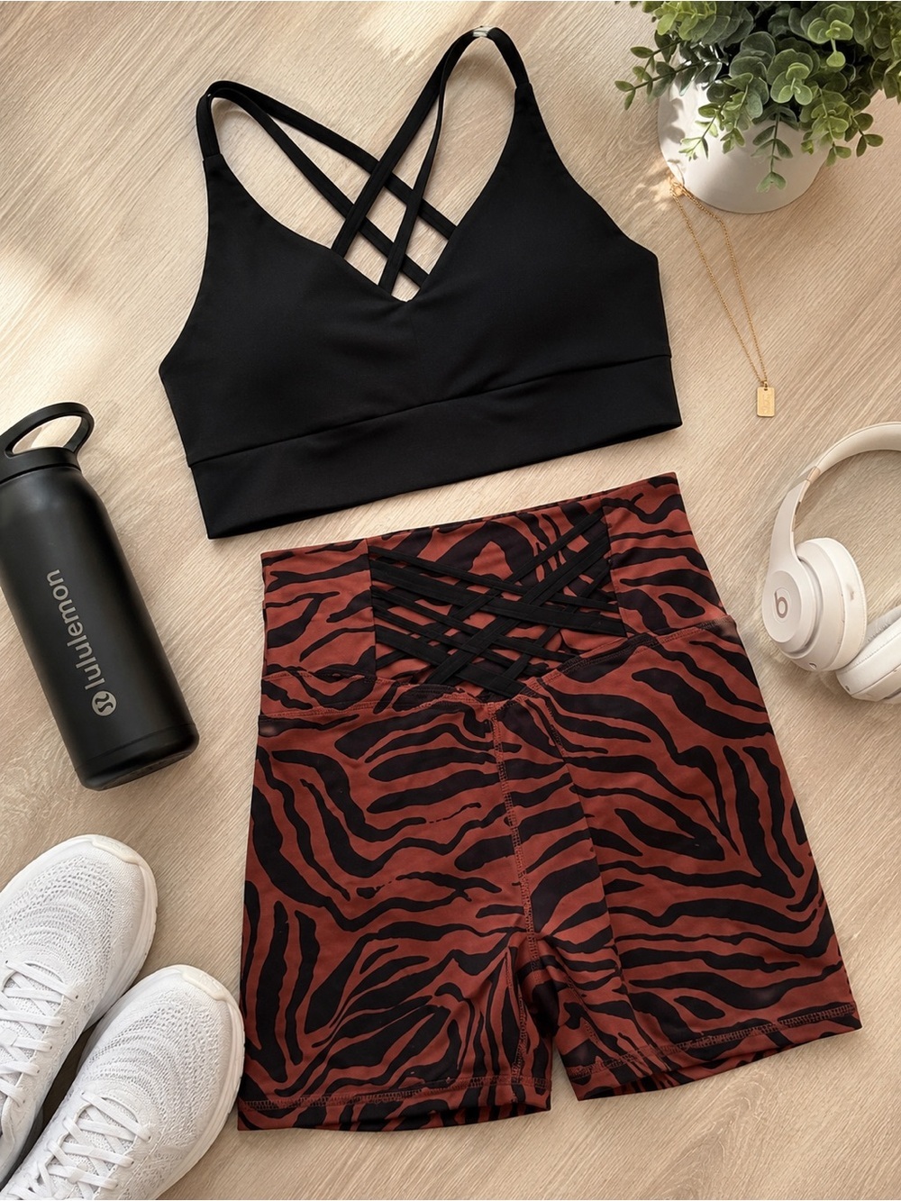 Fabletics Black and Brown Zebra Print Bike Shorts